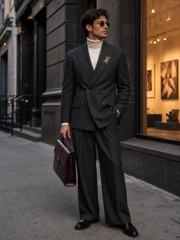 NYC brooched power suit outfit reference for photo-based try-on