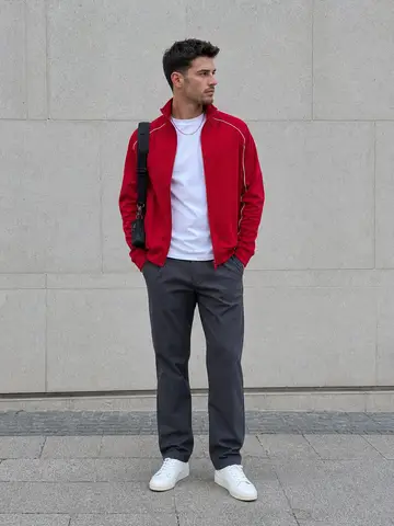 Red track jacket tailored outfit reference for photo-based try-on