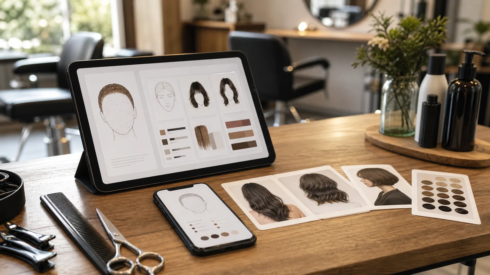 Salon consultation table with hairstyle analysis cards, haircut references, scissors, comb, and a tablet