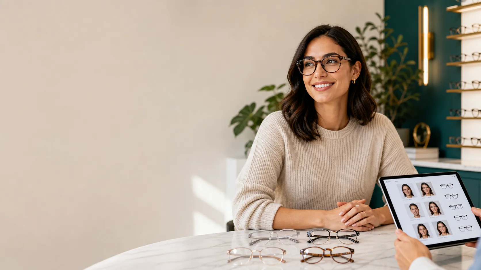 Editorial optician-studio consultation with a person comparing glasses frames beside a tablet-style photo checklist