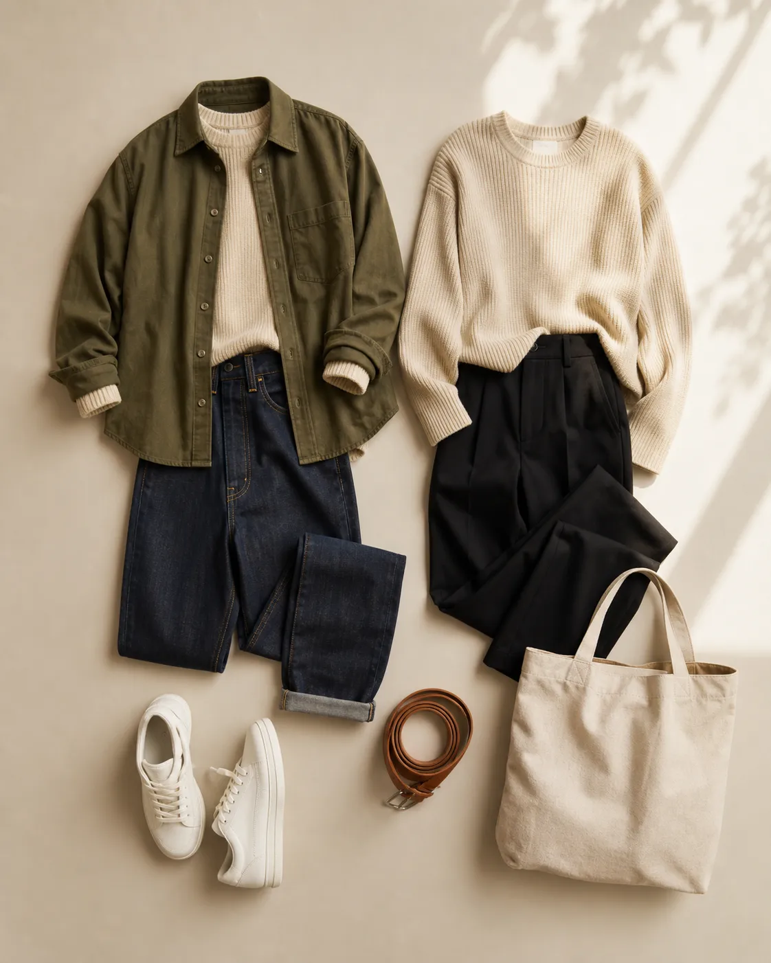 Flat lay of an outfit-first capsule wardrobe in olive, cream, denim, black, and white