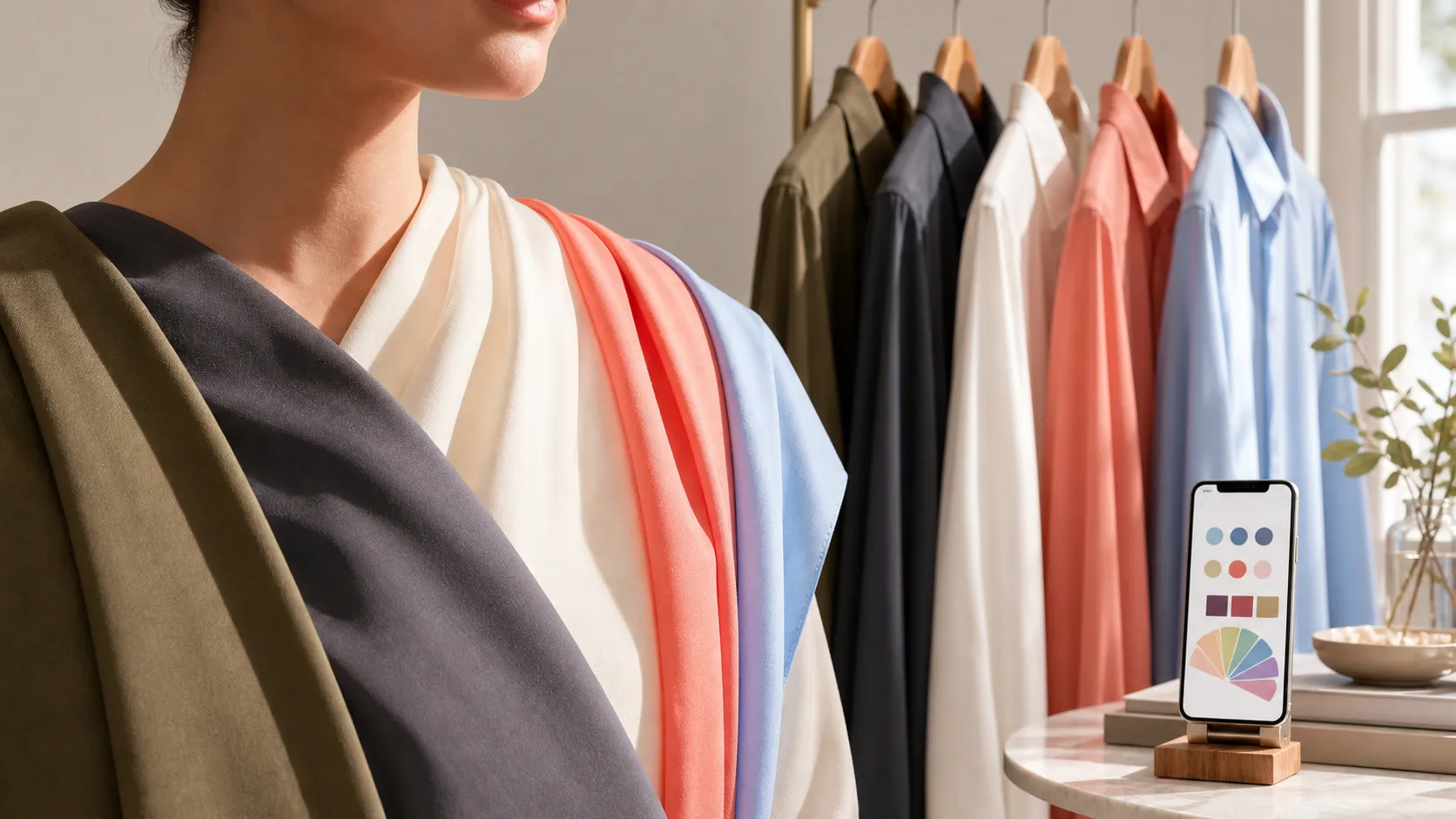 Wardrobe with dark and brightening shirt colors beside a phone showing color analysis swatches