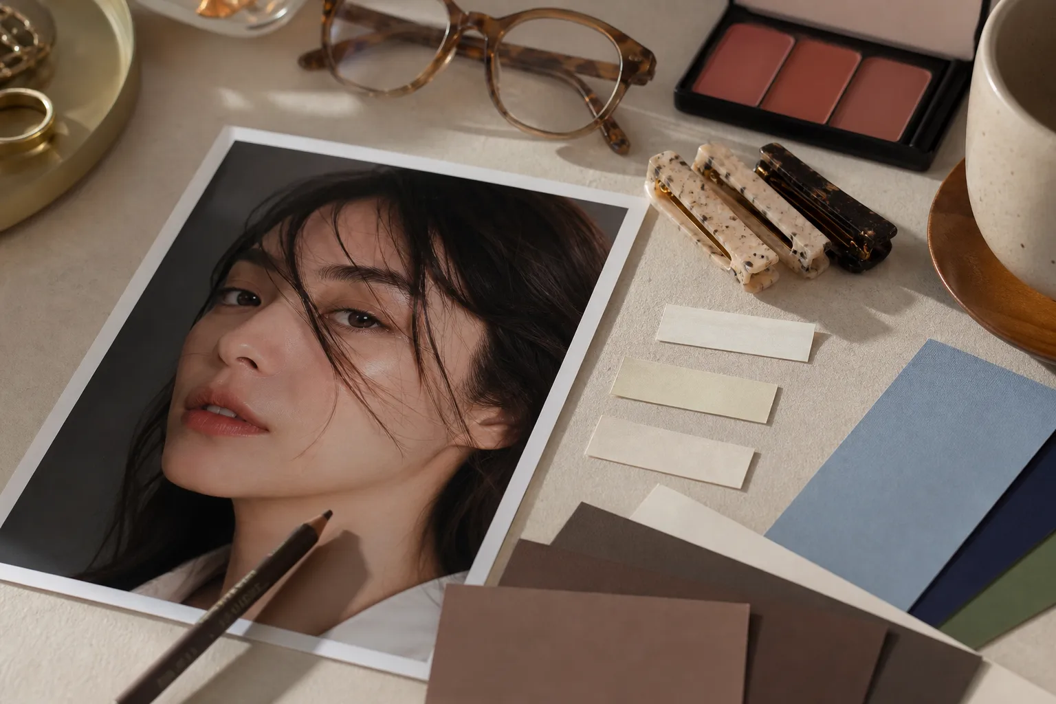 Close-up editorial flat lay with a portrait photo, glasses, makeup swatches, hair clips, and blank styling markers