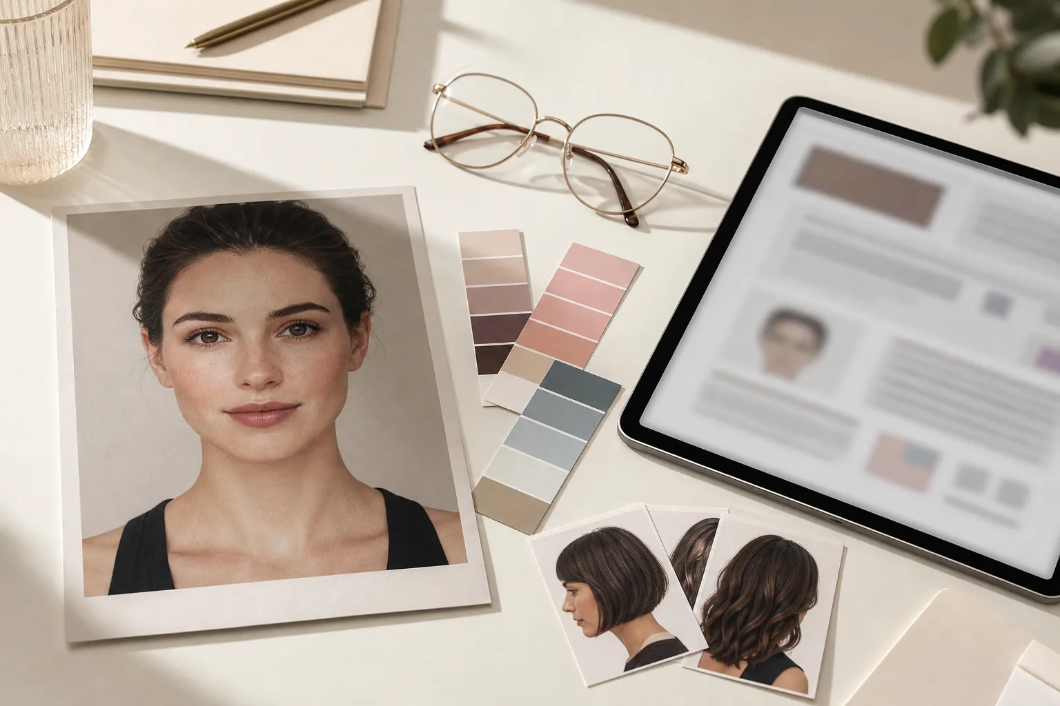 Editorial desk with a printed portrait photo, color swatches, glasses, haircut references, and a tablet showing a blurred visual style report