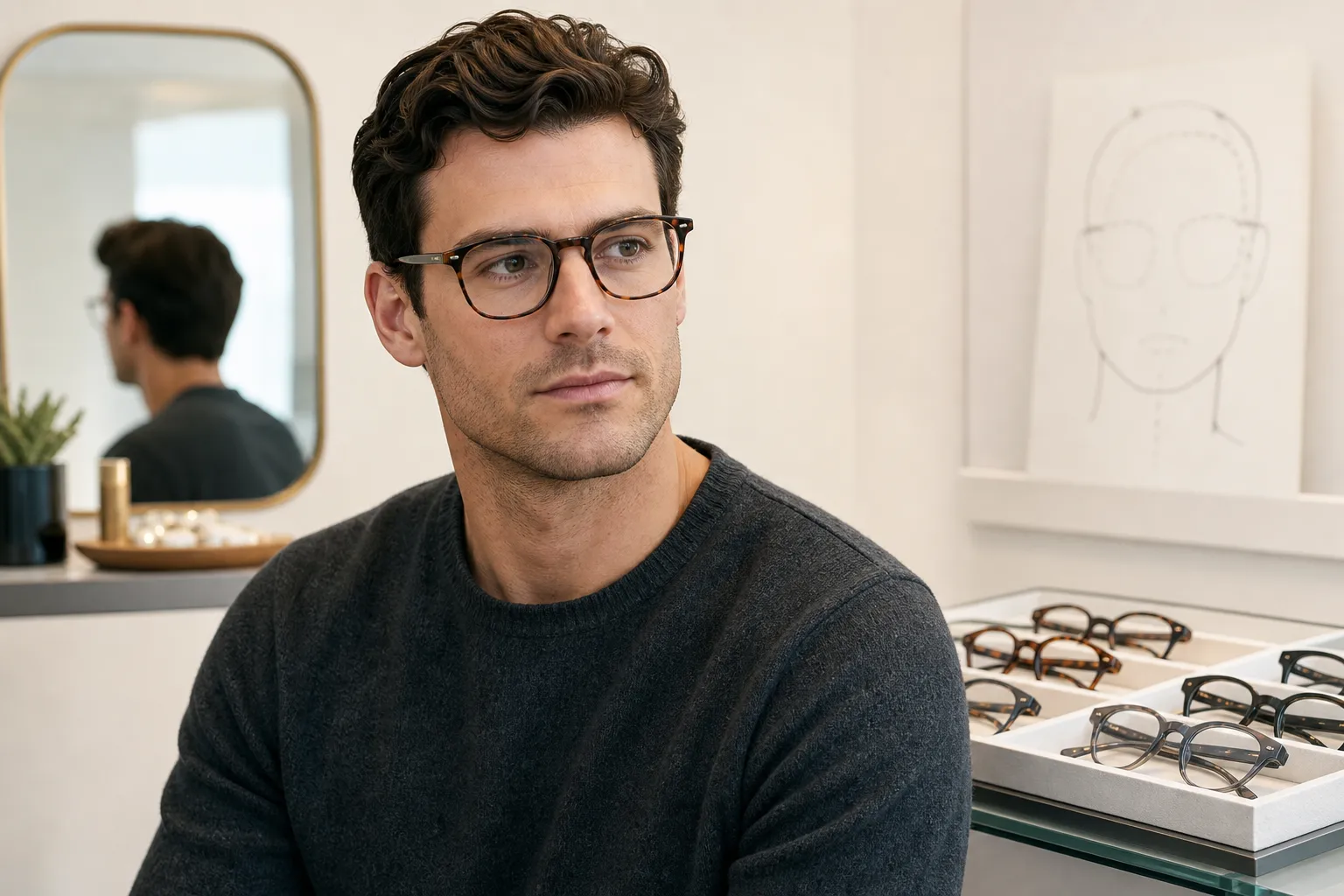 Editorial optician-studio portrait of a person with square face features wearing rounded tortoise glasses beside a tray of alternative frames
