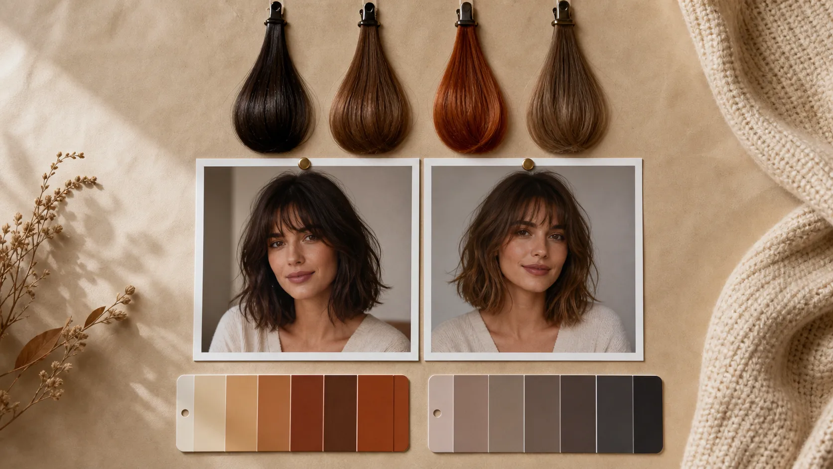 Flat lay hair color comparison board with clipped hair swatch strands, two pinned portrait photos at different hair depths, undertone color chips, and a cream knit corner