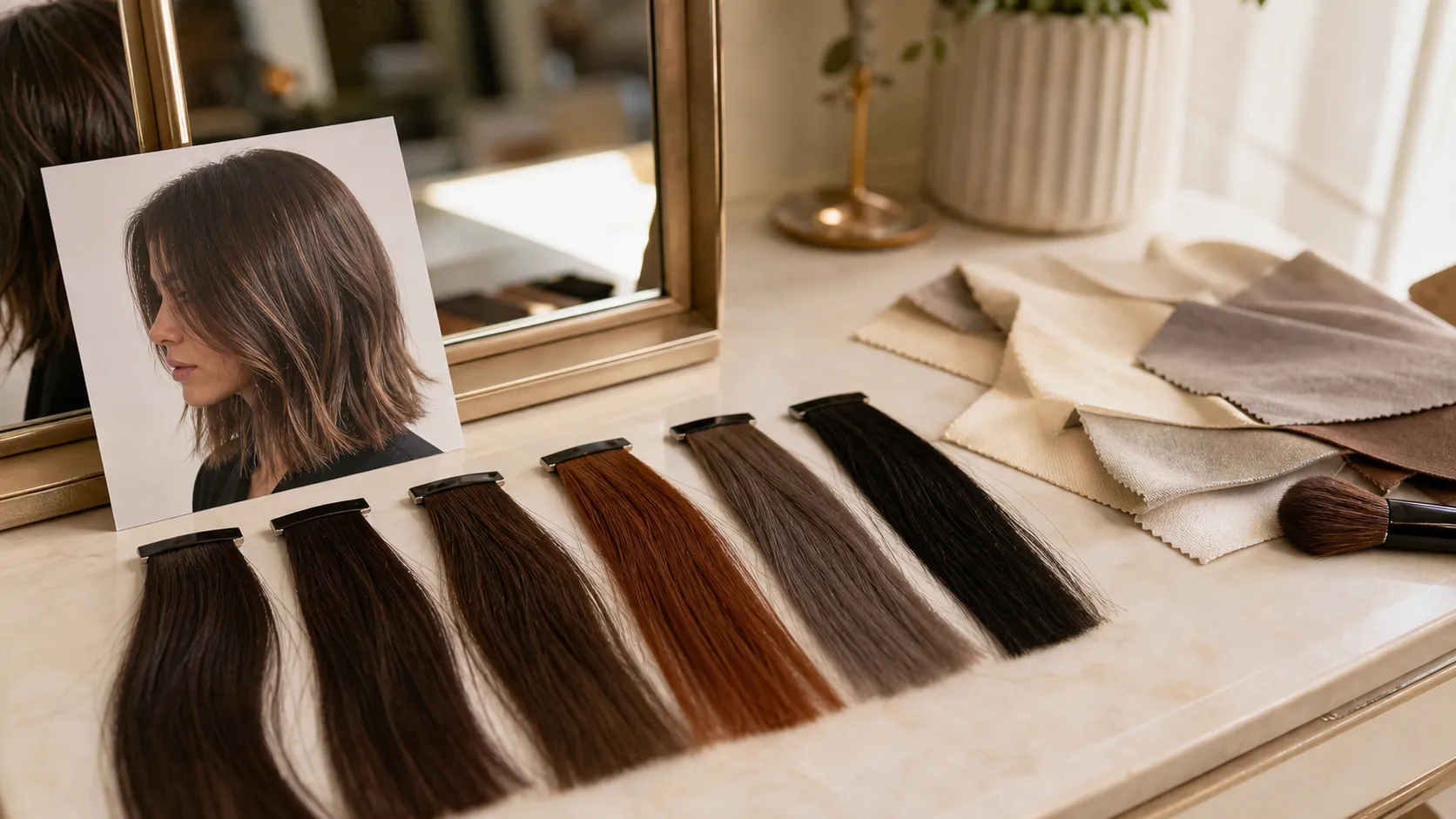 Vanity table with a printed portrait photo beside a mirror, a row of clipped hair color swatch strands from espresso to copper and ash brown, neutral fabric swatches, and a makeup brush