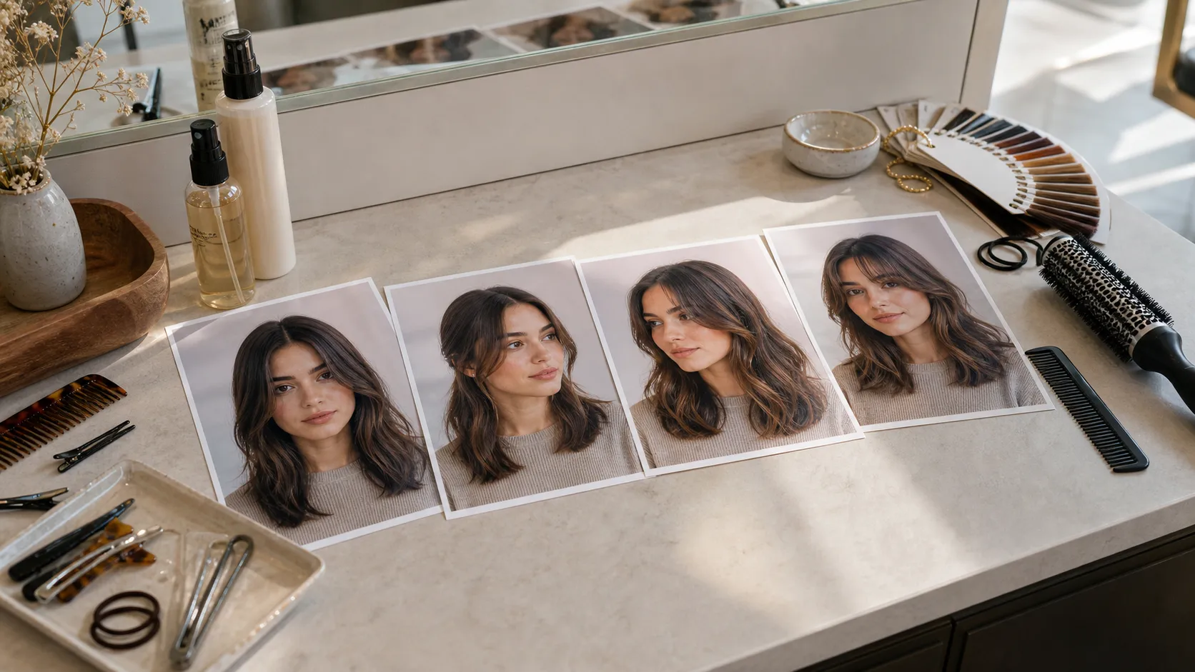 Salon flat lay with four hairstyle reference photos, combs, clips, hair swatches, and styling tools for part and fringe checks