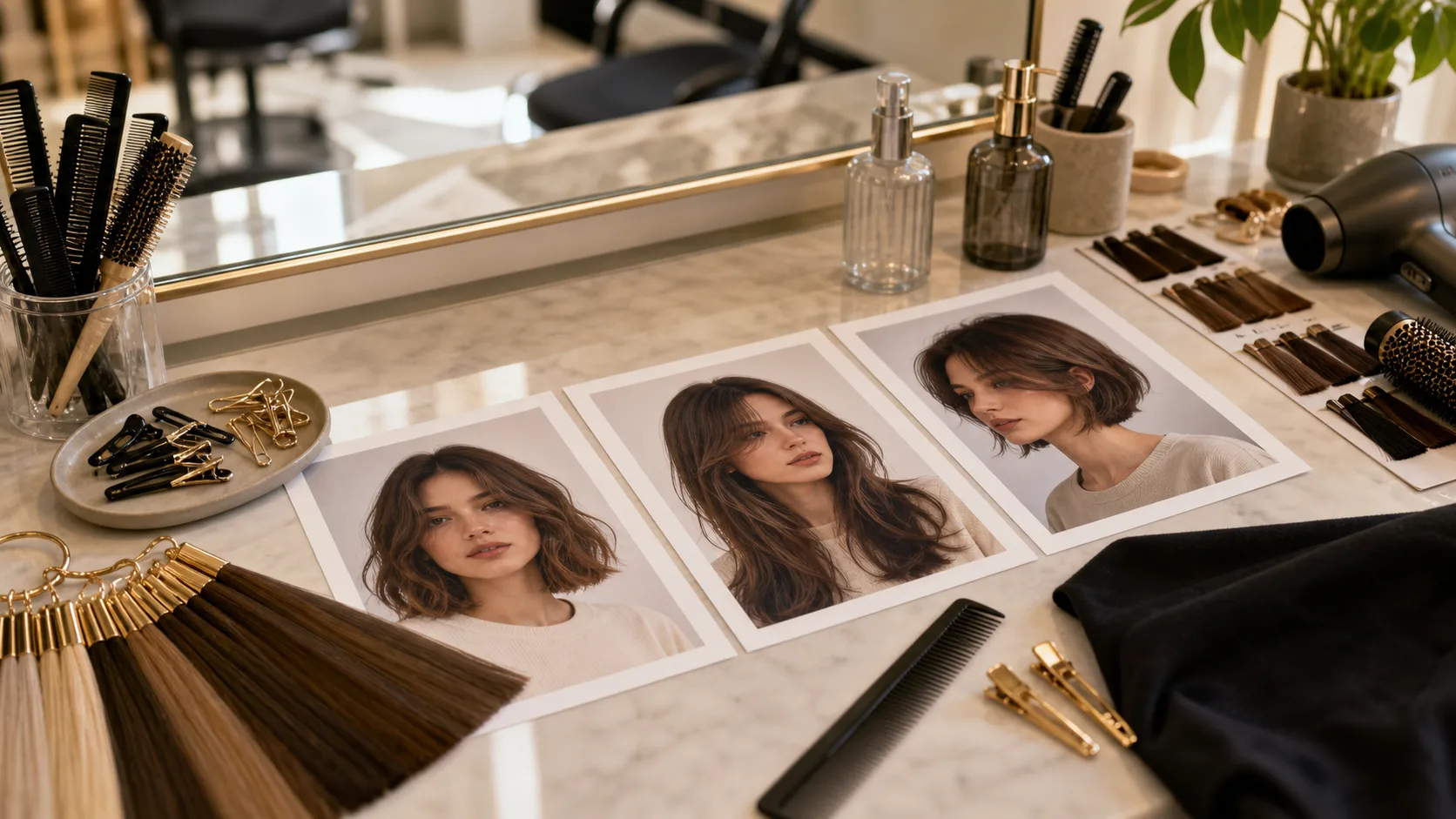 Salon consultation table with printed hairstyle reference photos, hair swatches, clips, combs, and styling tools