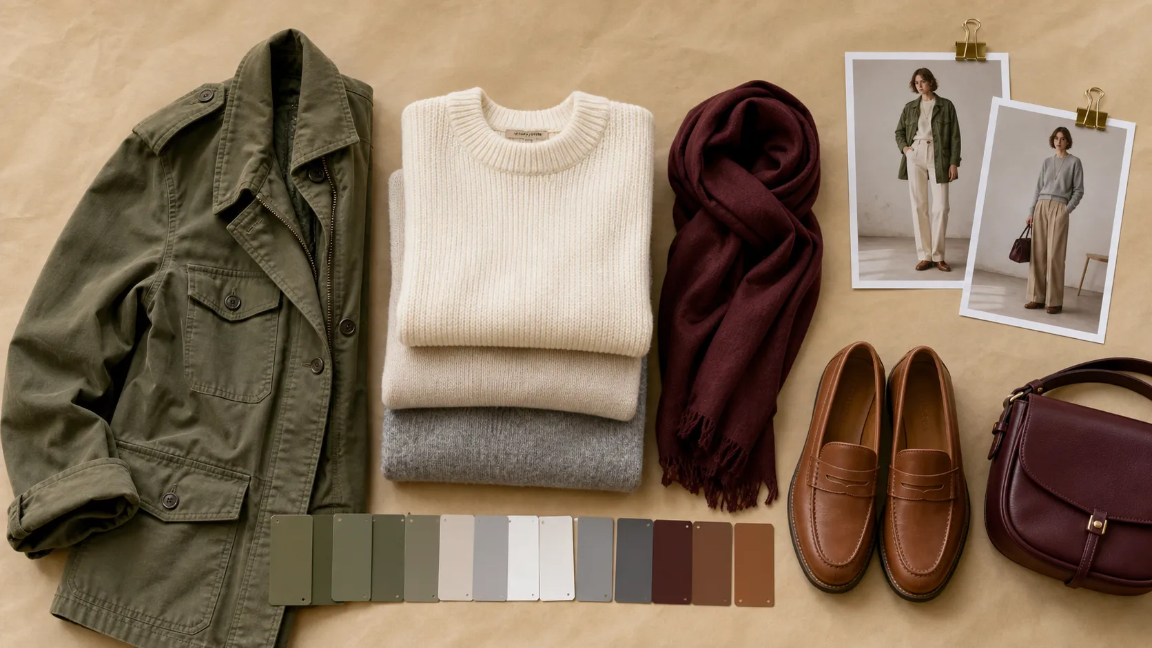 Flat lay outfit color matching board with an olive jacket, cream and gray knits, a burgundy scarf, a row of color swatch chips, tan loafers, a burgundy bag, and two pinned outfit photos
