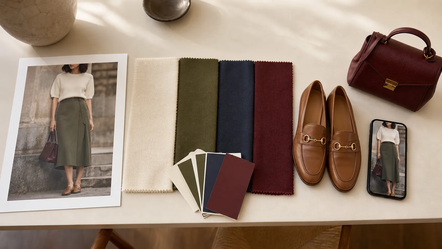 Editorial desk with a printed outfit photo, fabric swatches in cream, olive, navy and burgundy, color chip cards, tan loafers, a burgundy handbag, and a phone showing the same outfit