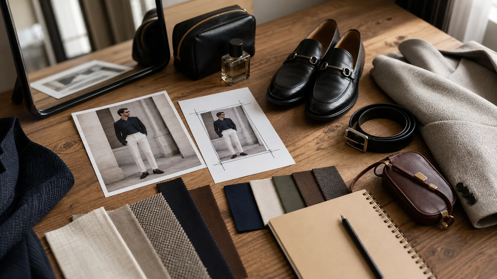 Stylist flat lay with printed outfit photos, loafers, belt, color swatches, notebook, and garment textures for a one-photo outfit check