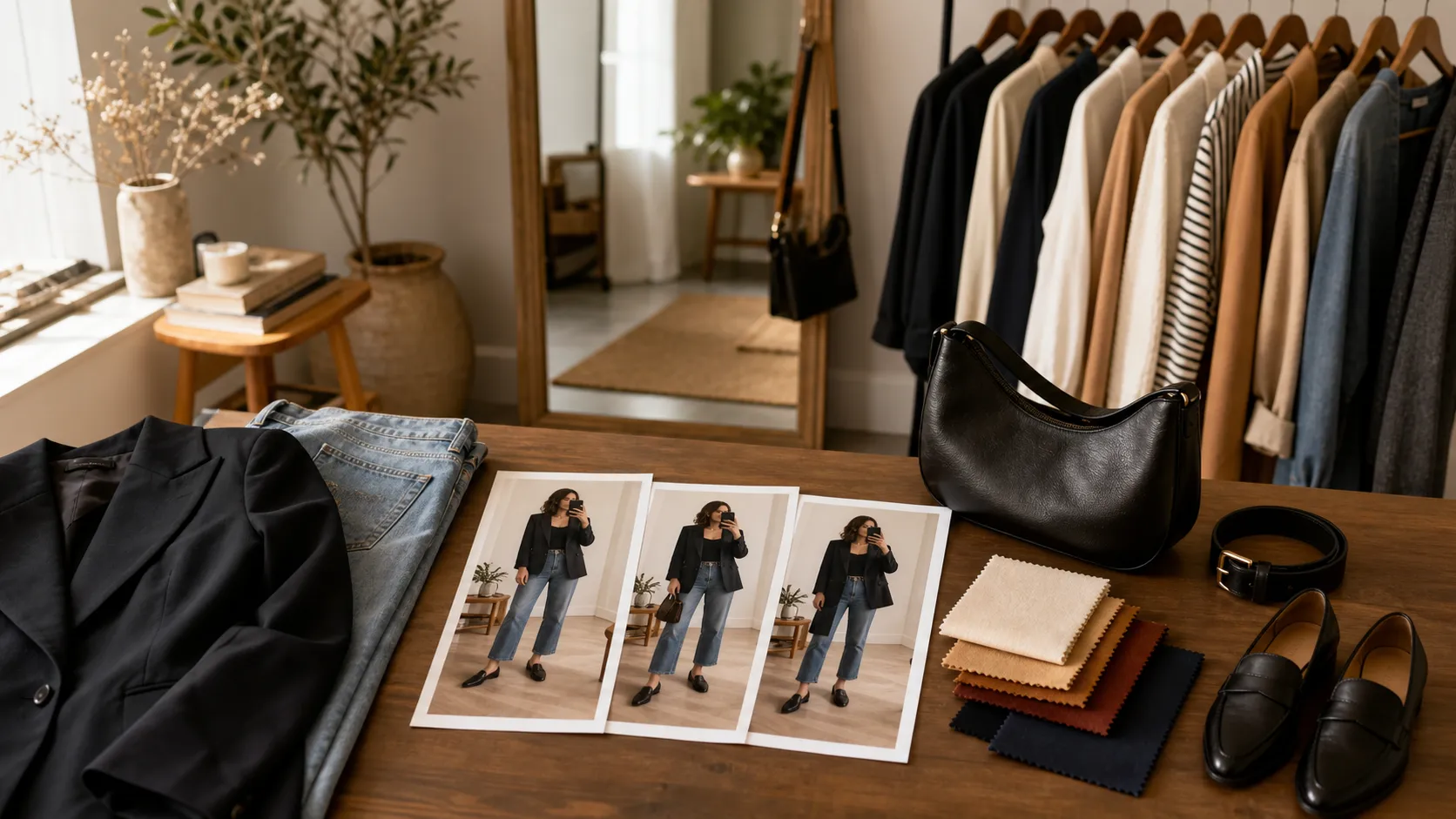Editorial outfit audit workspace with printed full-body outfit photos, blazer, jeans, loafers, fabric swatches, belt, and bag