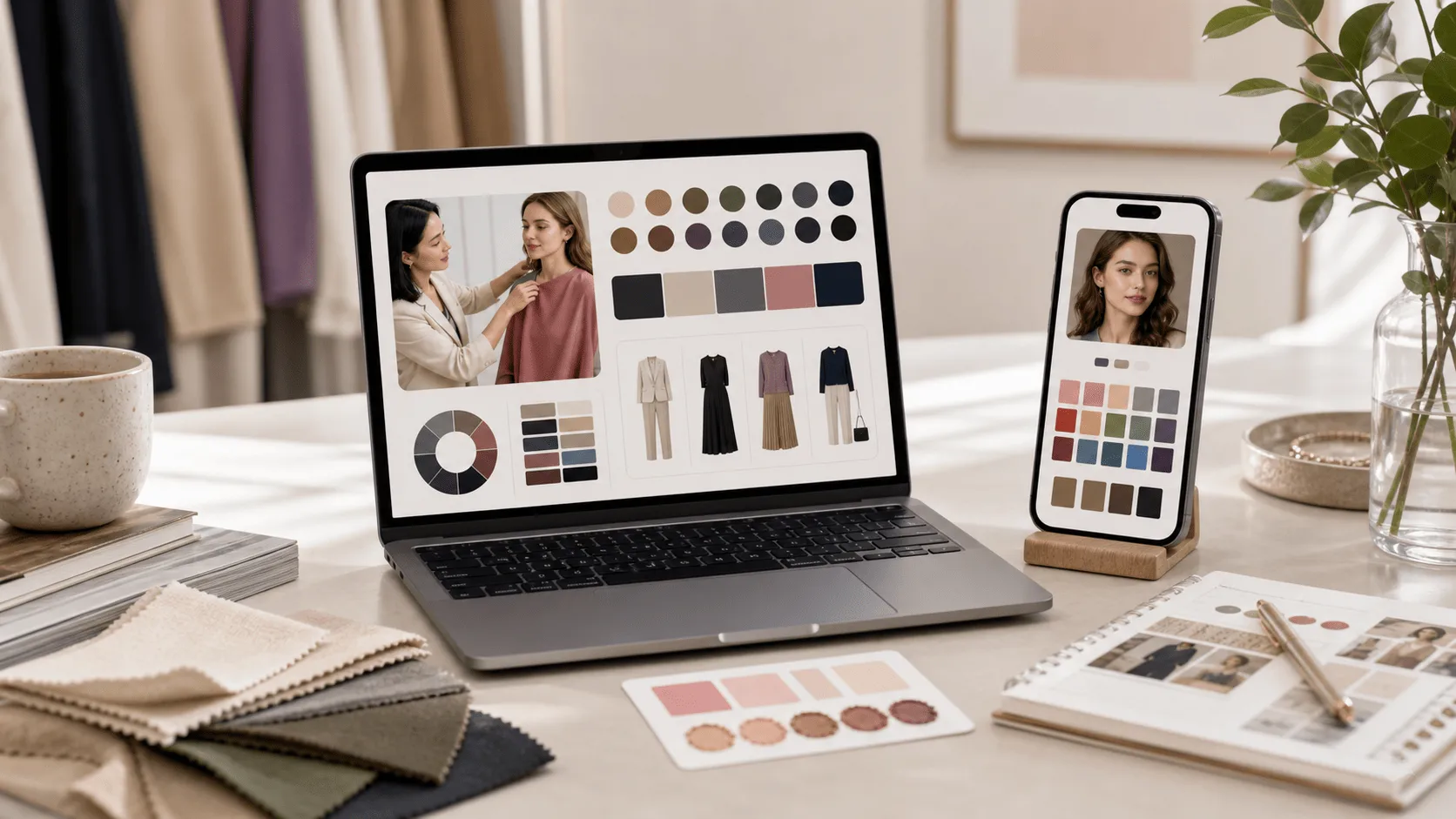Desk setup comparing in-person personal color analysis with online AI photo color reports