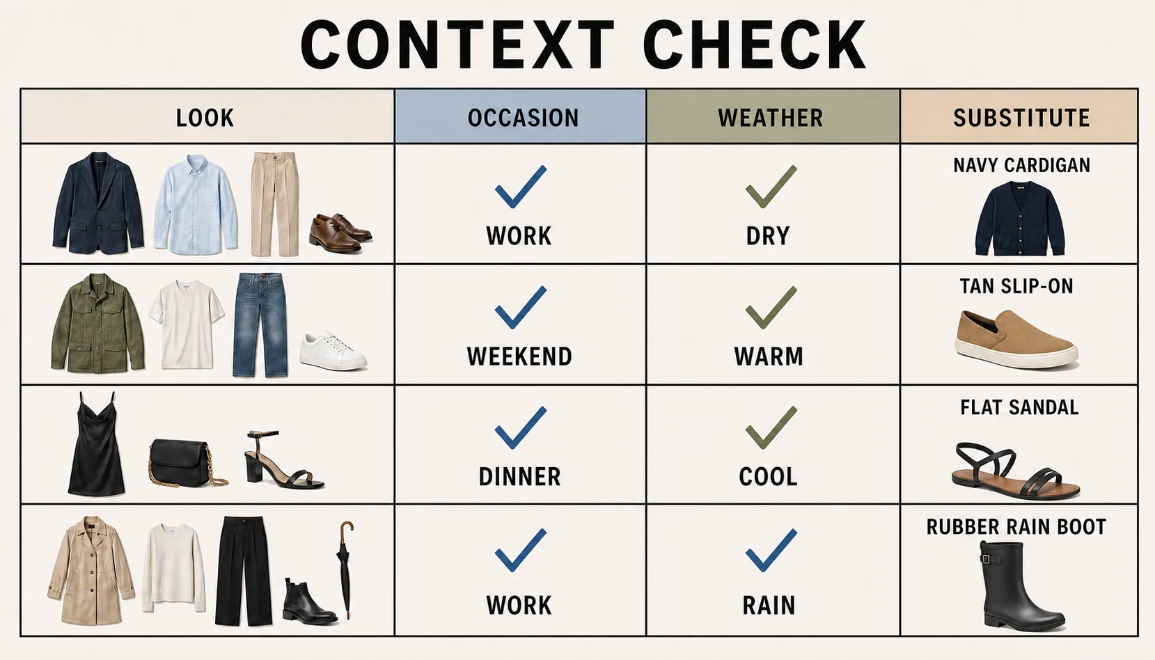 Lookbook context matrix for occasion, weather, and substitute items
