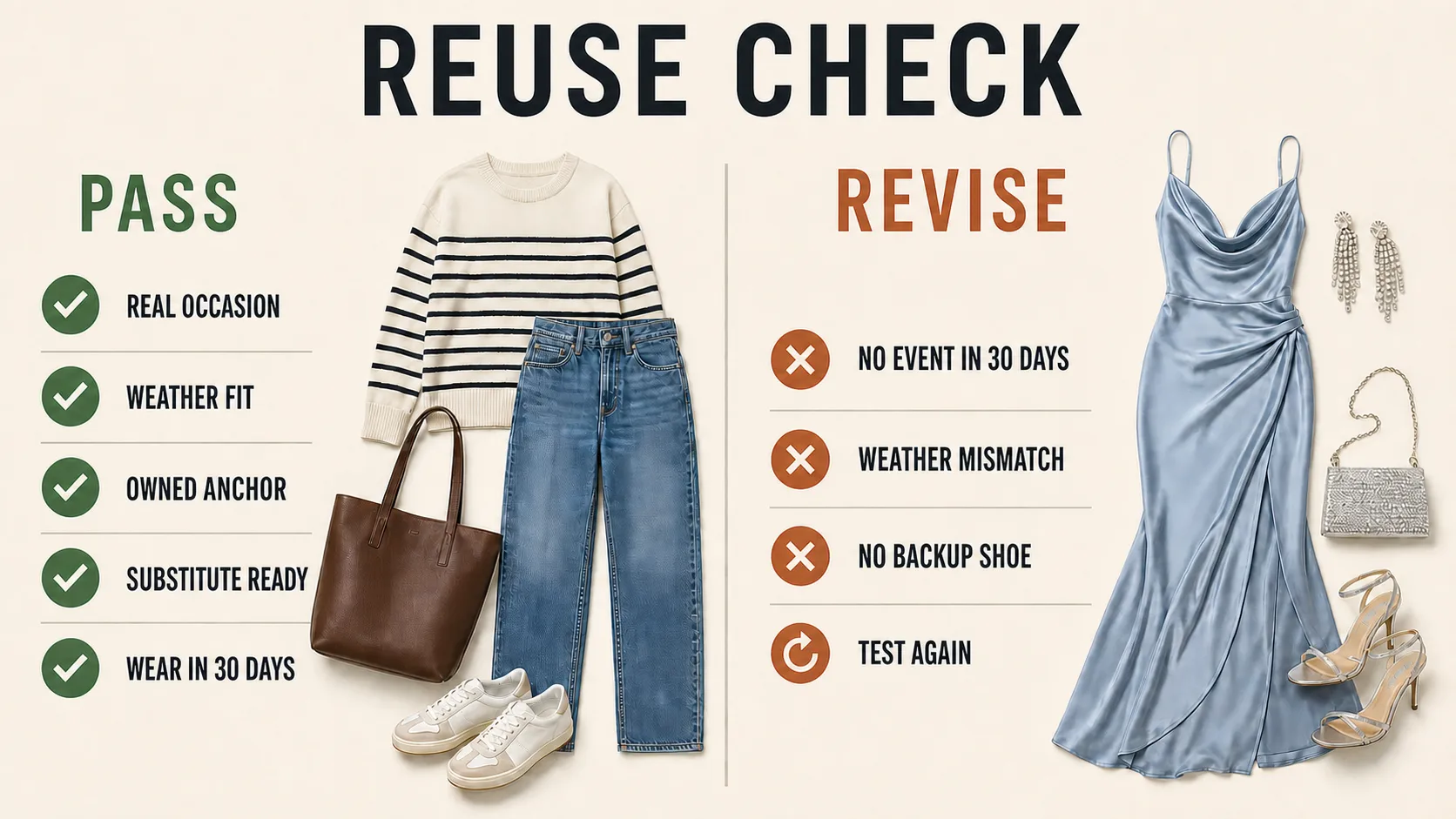 Pass or revise checklist for testing whether a saved outfit deserves a place in a personal lookbook