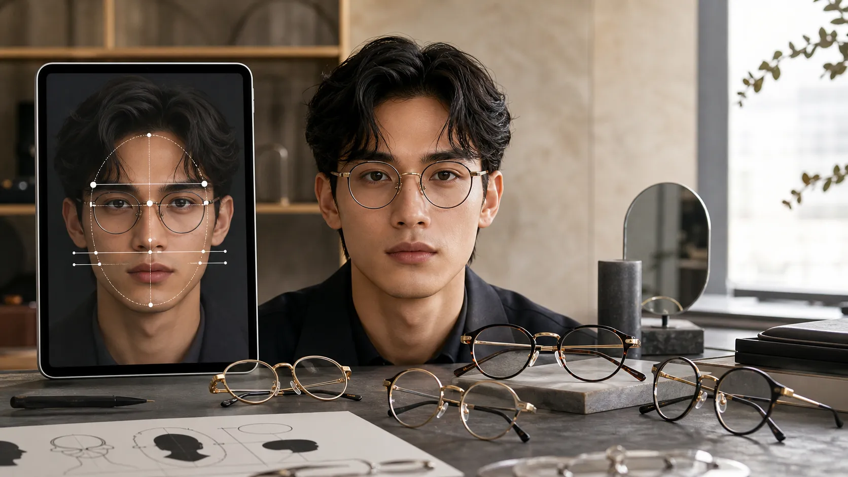 Editorial eyewear studio showing a person wearing round glasses beside AI face-shape guide lines and round frame samples