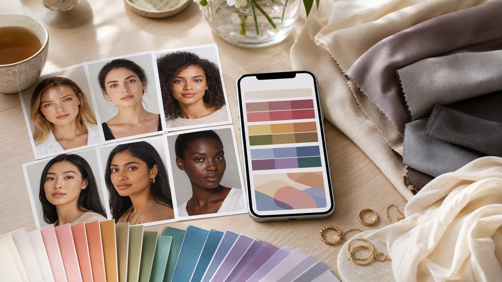 Natural-light color analysis consultation with portrait cards, fabric swatches, and a phone-style photo report