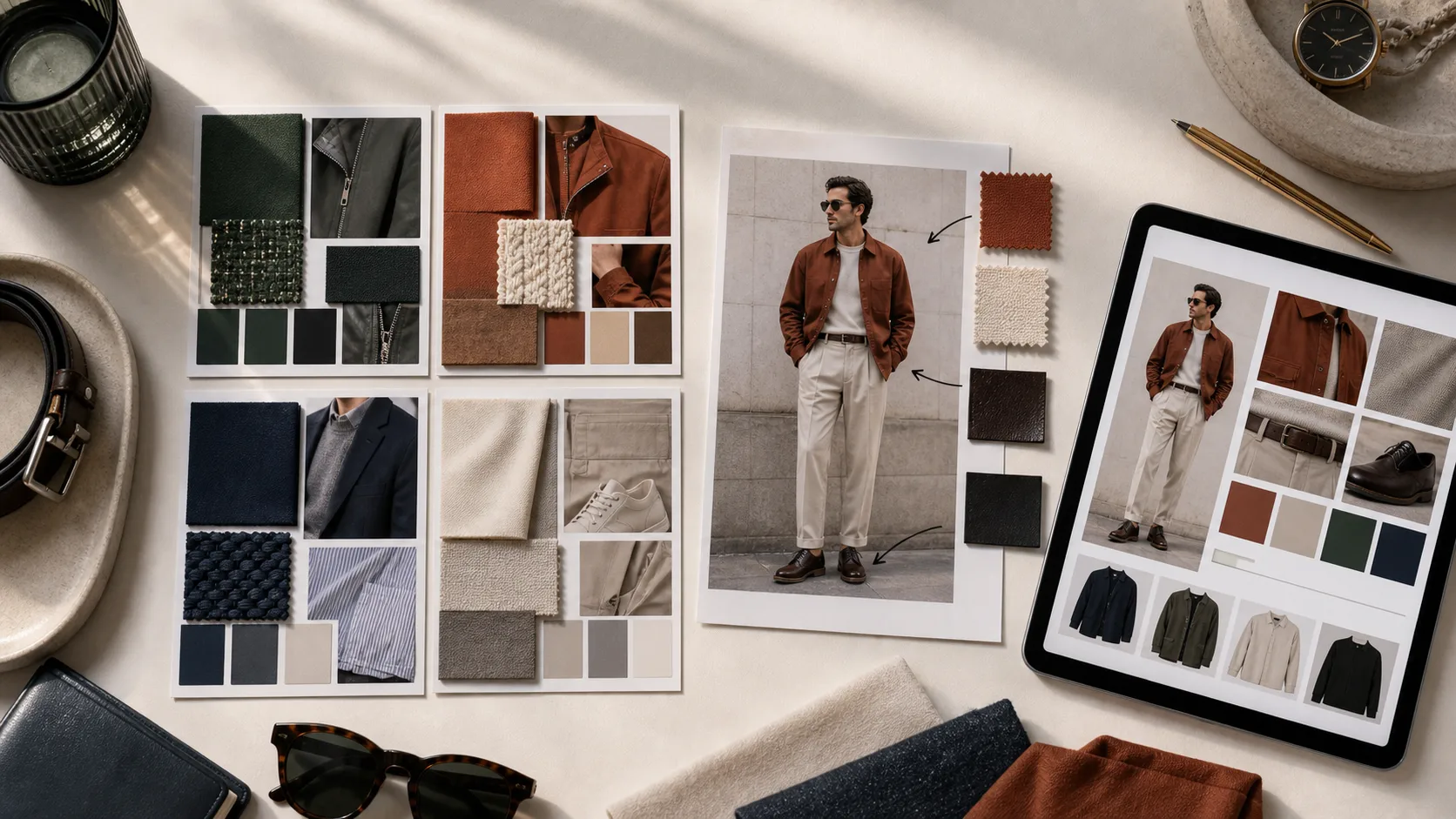 Editorial flat lay comparing abstract fabric mood boards with a printed outfit photo, swatches, arrows, and a tablet-style visual report