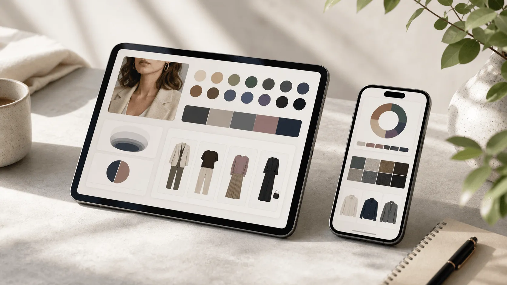 Tablet and phone showing visual AI style report cards, color palettes, and outfit guidance