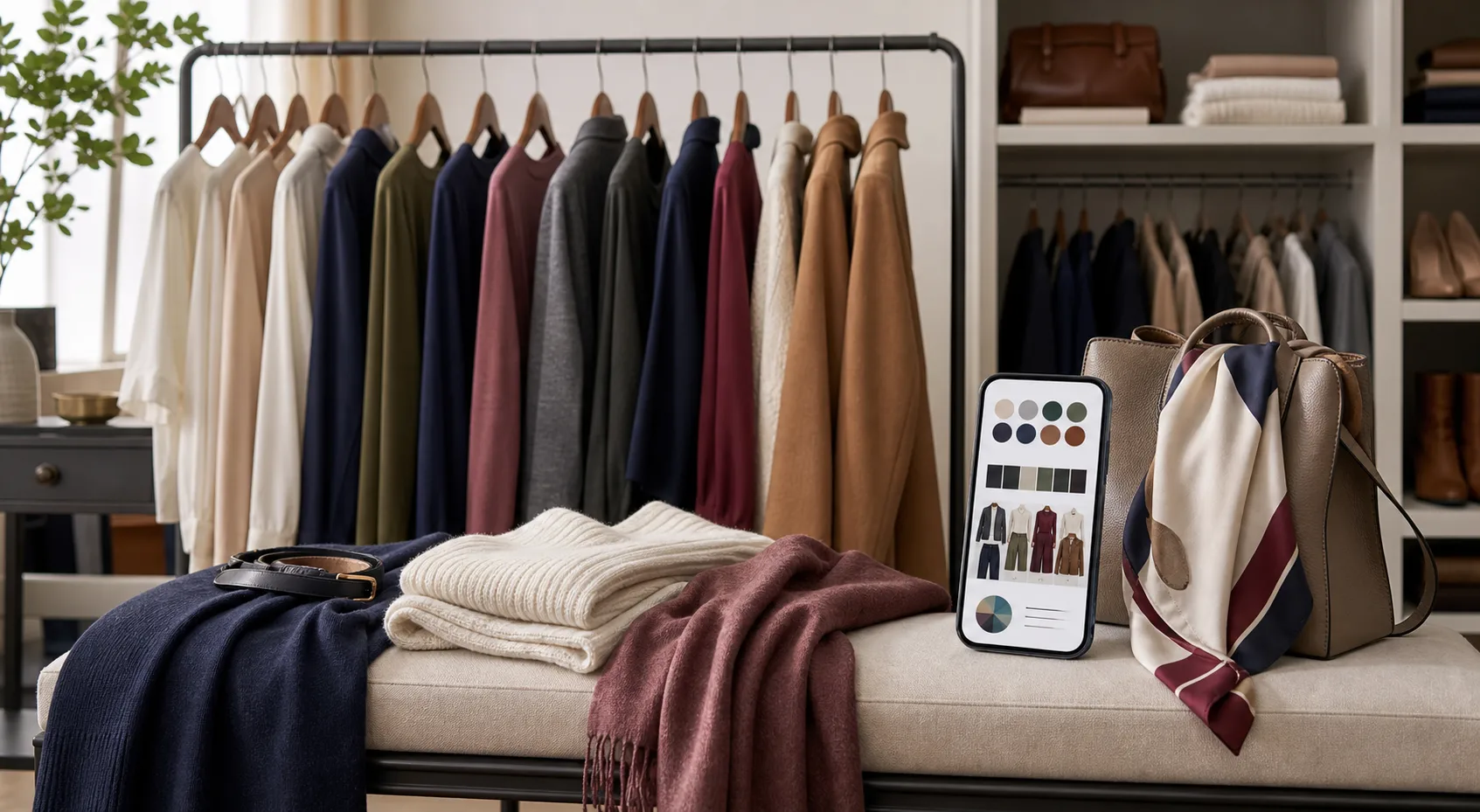 Curated wardrobe rail with neutral and accent clothing, color swatches, and a phone showing an AI style report