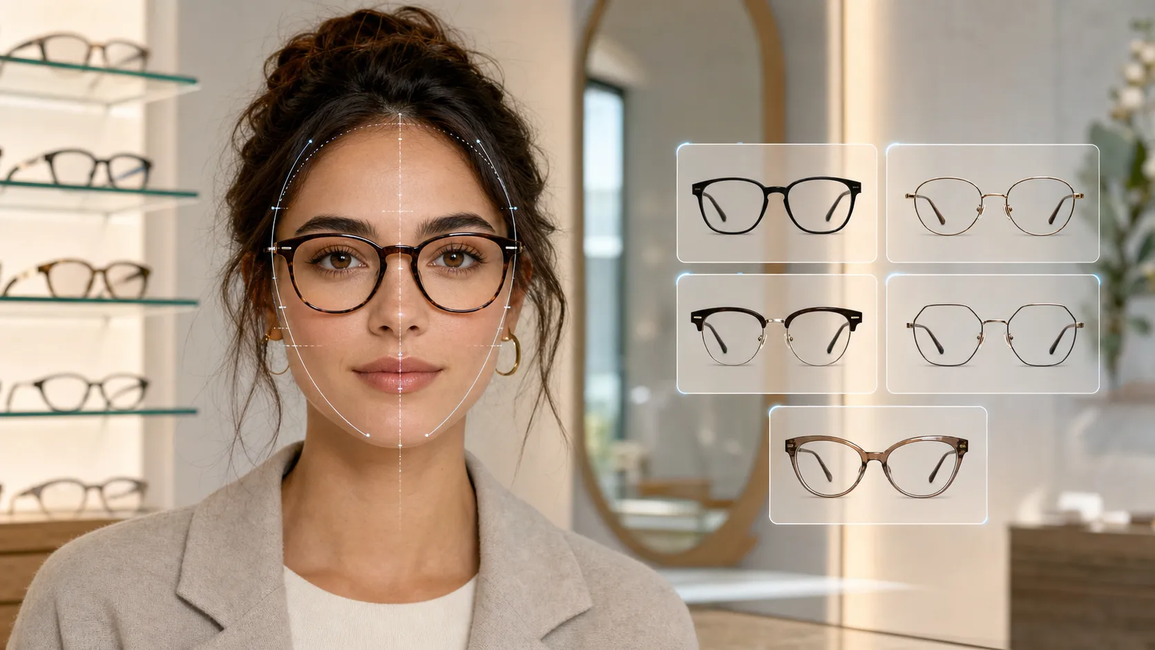 Editorial eyewear studio portrait with subtle AI face-balance guide lines and a curated shortlist of glasses frame options